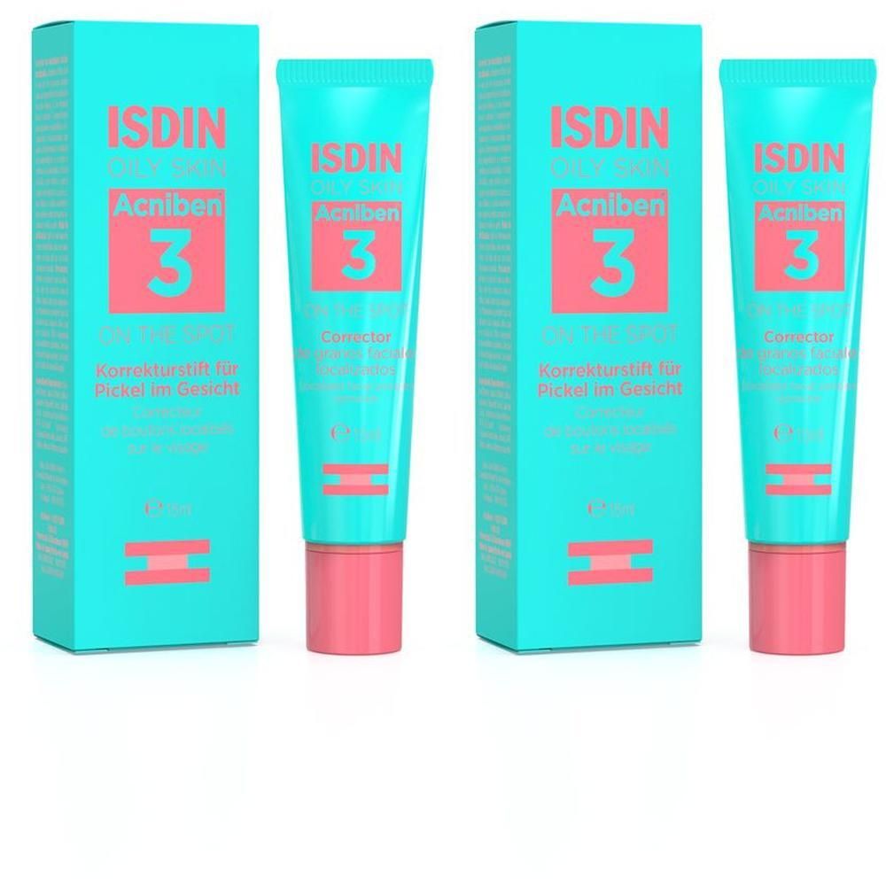 Zwei Packungen und eine Tube ISDIN Acniben 3. Türkis Verpackung mit pinker Schrift. Tube mit pinkem Verschluss.