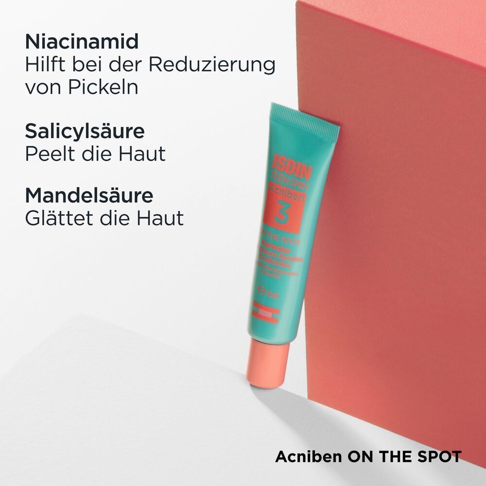 Tube ISDIN Acniben 3. Inhaltsstoffe: Niacinamid, Salicylsäure, Mandelsäure. Pinker Verschluss.