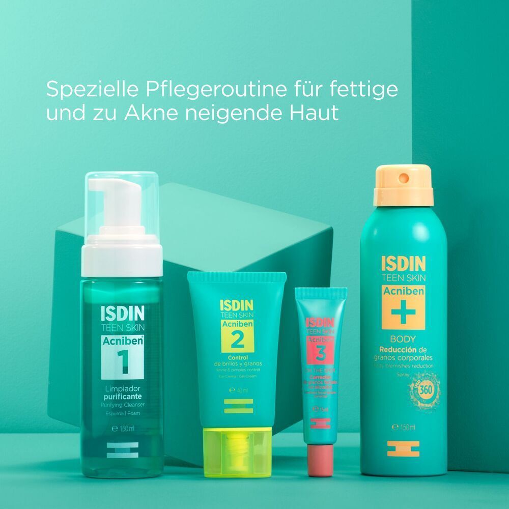 Verschiedene Produkte der Marke ISDIN. Acniben 1, Acniben 2, Acniben 3 und Body Reductor.