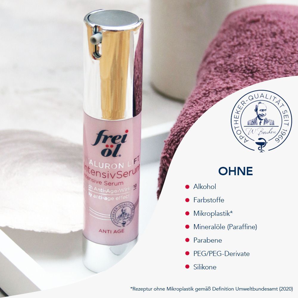 Flasche frei öl® ANTI AGE HYALURON LIFT IntensivSerum. Text: Ohne Alkohol, Farbstoffe, Mikroplastik, Mineralöle, Parabene, PEG/PEG-Derivate, Silikone.