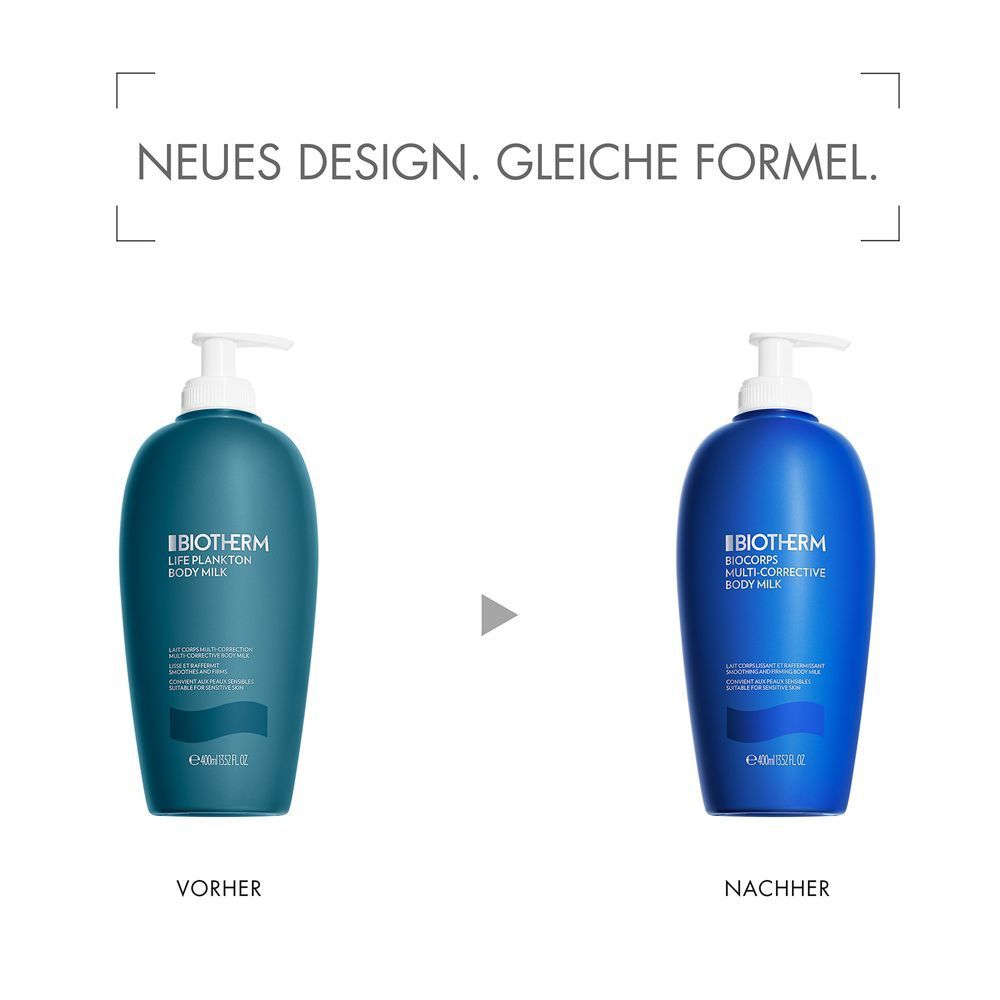 Vergleich von zwei Flaschen. Links: grün, rechts: blau. Text: Neues Design. Gleiche Formel.