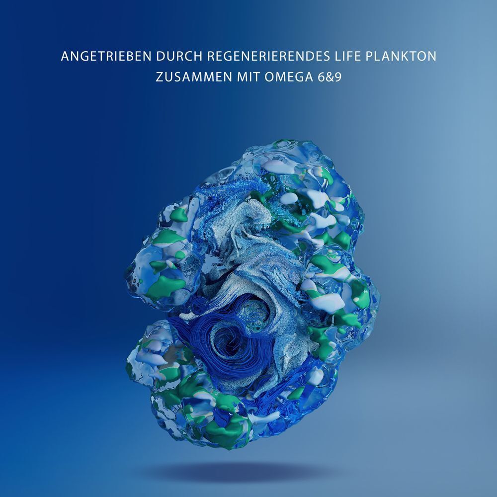 Abstrakte Darstellung von blau-grünen Formen. Text: Angetrieben durch Life Plankton und Omega 6&9.