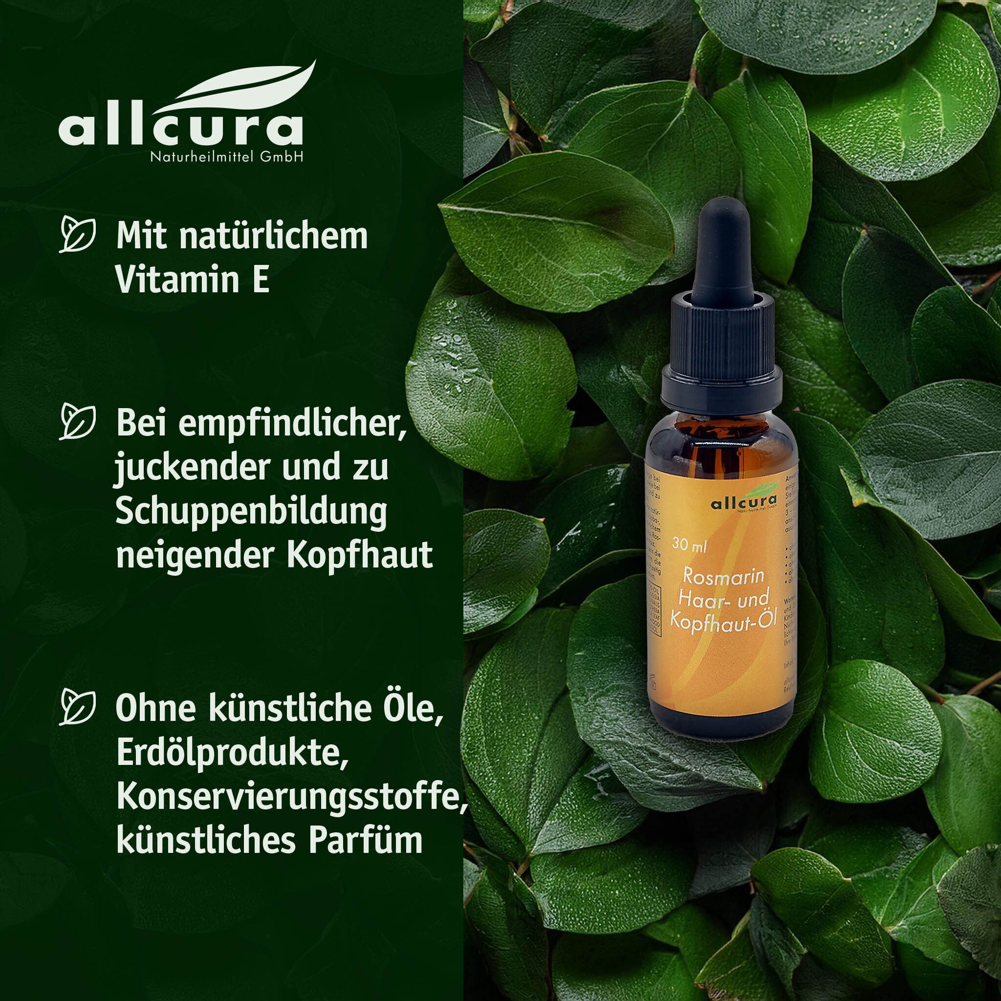 Braune Glasflasche mit schwarzem Tropfer, umgeben von grünen Blättern. Auf dem Etikett steht "allcura Rosmarin Haar- und Kopfhaut-Öl".