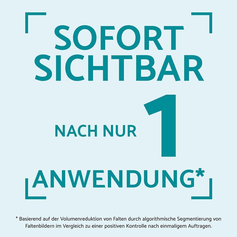 Text: Sofort sichtbar nach nur 1 Anwendung. Basierend auf Volumenreduktion von Falten.