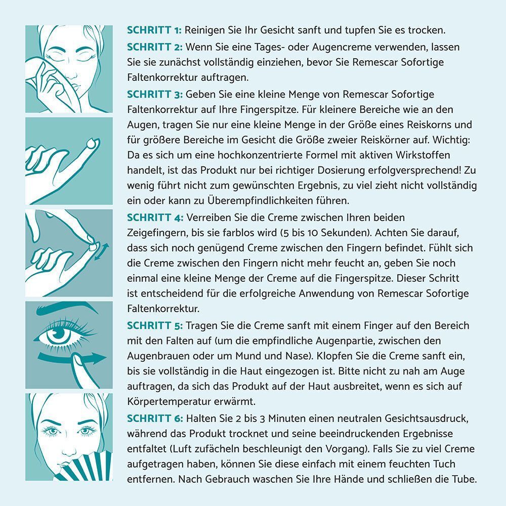 Anwendungsschritte des Produkts. Illustrationen zeigen die Anwendung auf der Haut.
