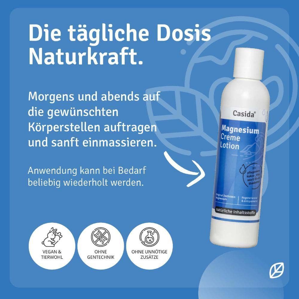 Eine Flasche Casida® Magnesium Creme Lotion. Text: Morgens und abends auftragen. Vegan & tierwohl, ohne Gentechnik, ohne unnötige Zusätze.