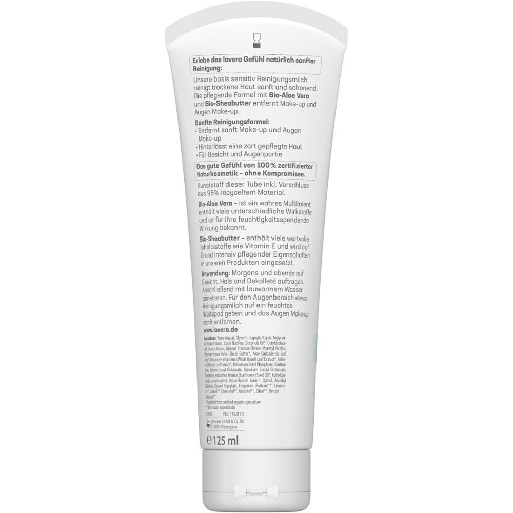 Rückseite einer Tube Reinigungsmilch. Text in deutscher Sprache. Enthält Informationen zu Inhaltsstoffen und Anwendung.