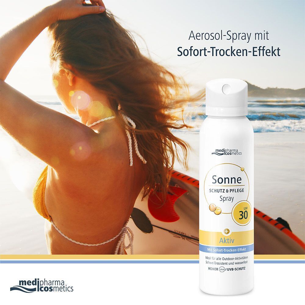 Weißes Aerosolspray mit weißem Deckel. Aufschrift: Sonne Schutz & Pflege Spray LSF 30. Marke: medipharma cosmetics. Frau am Strand.