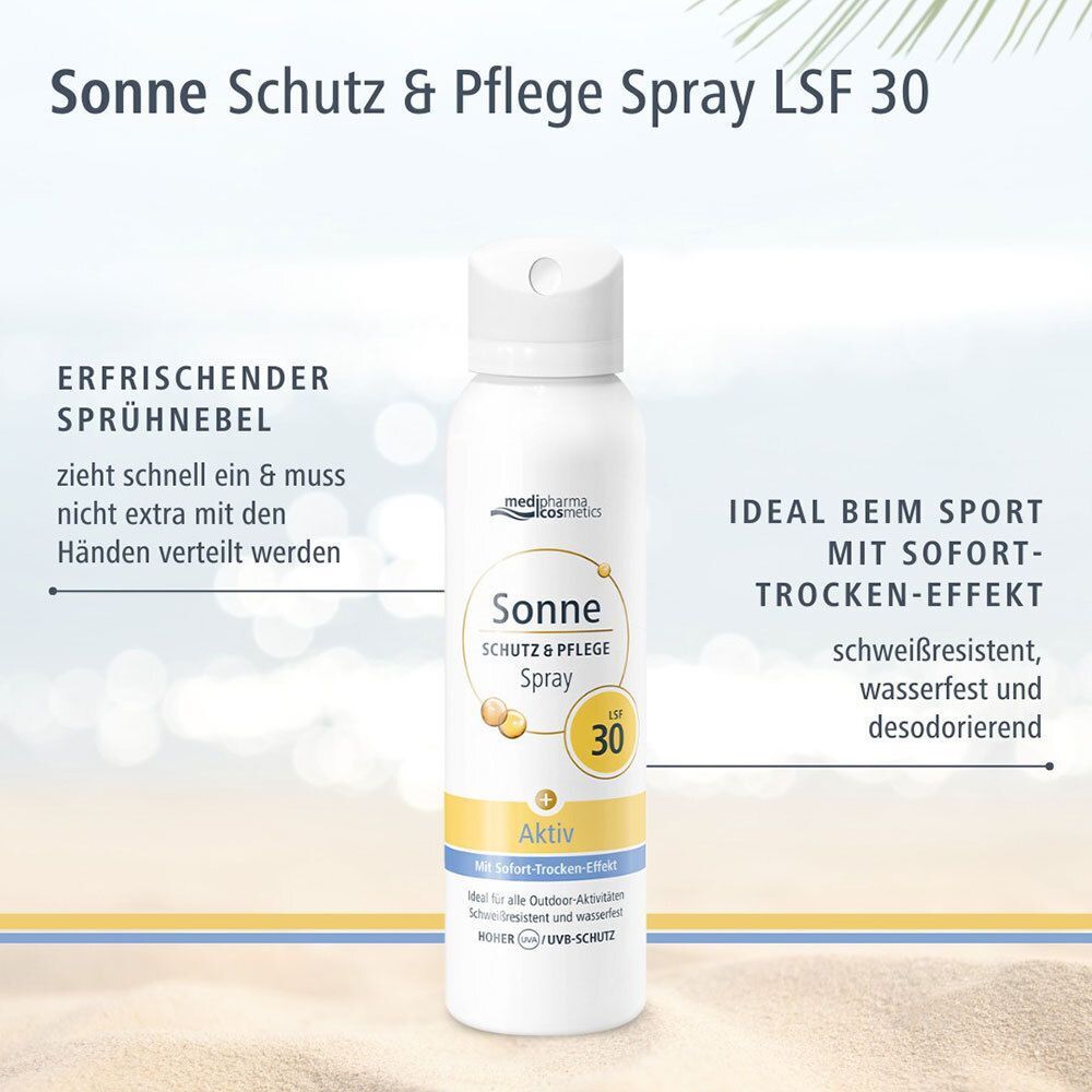 Weißes Aerosolspray mit weißem Deckel. Aufschrift: Sonne Schutz & Pflege Spray LSF 30. Marke: medipharma cosmetics. Text: Sofort-Trocken-Effekt.