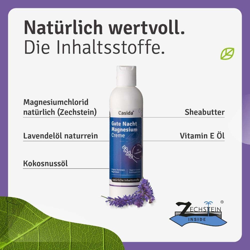Eine weiße Flasche Casida® Gute Nacht Magnesium Creme. Inhaltsstoffe: Magnesiumchlorid, Lavendelöl, Kokosnussöl, Sheabutter, Vitamin E.