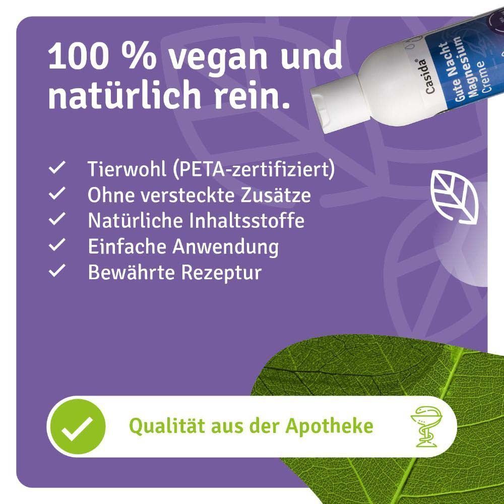Casida® Gute Nacht Magnesium Creme. PETA-zertifiziert, ohne versteckte Zusätze, natürliche Inhaltsstoffe, einfache Anwendung. Apotheken-Qualität.