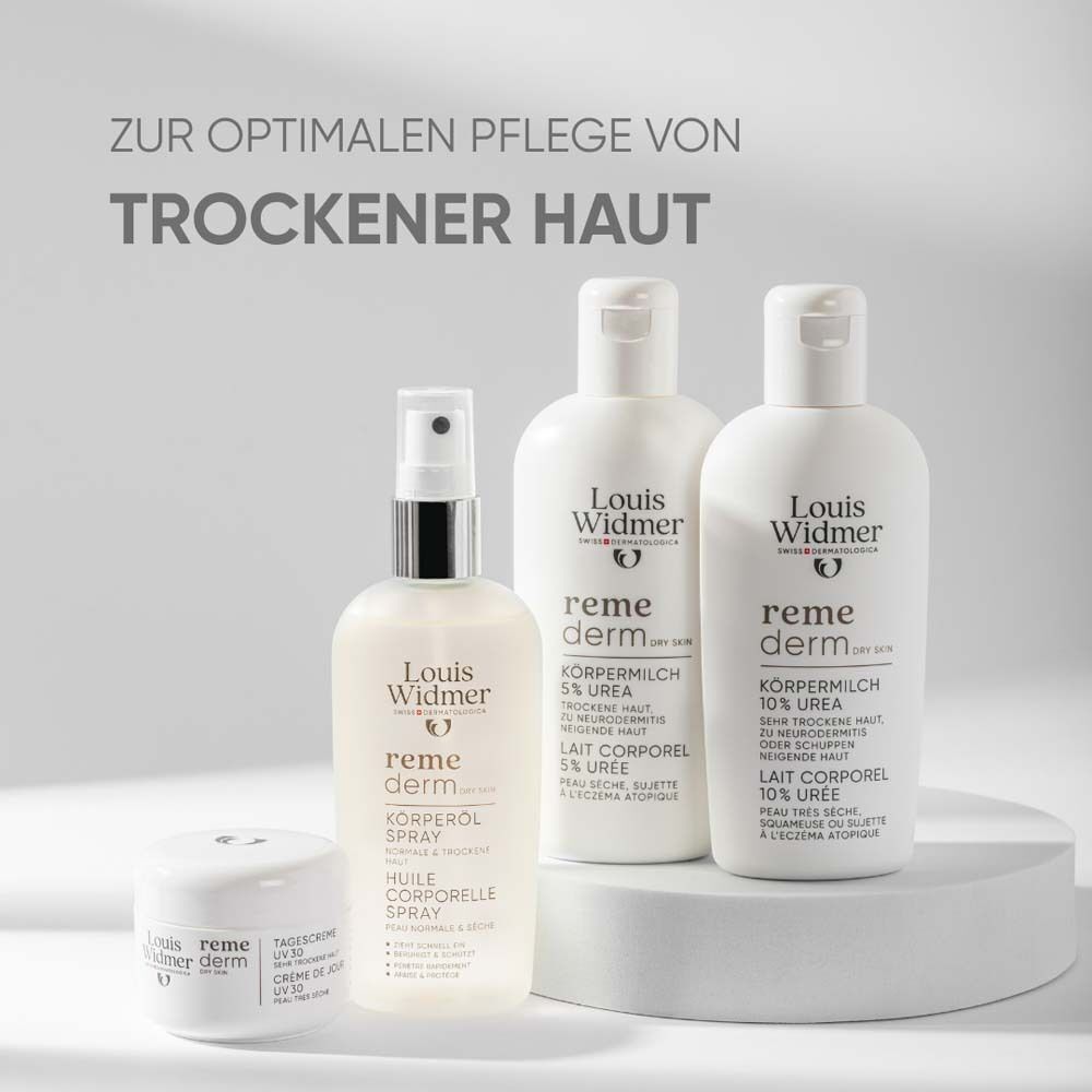 Verschiedene Louis Widmer Produkte. Remederm Körperöl Spray, Körperlotionen und Creme. Produktbezeichnungen und Logos sichtbar.