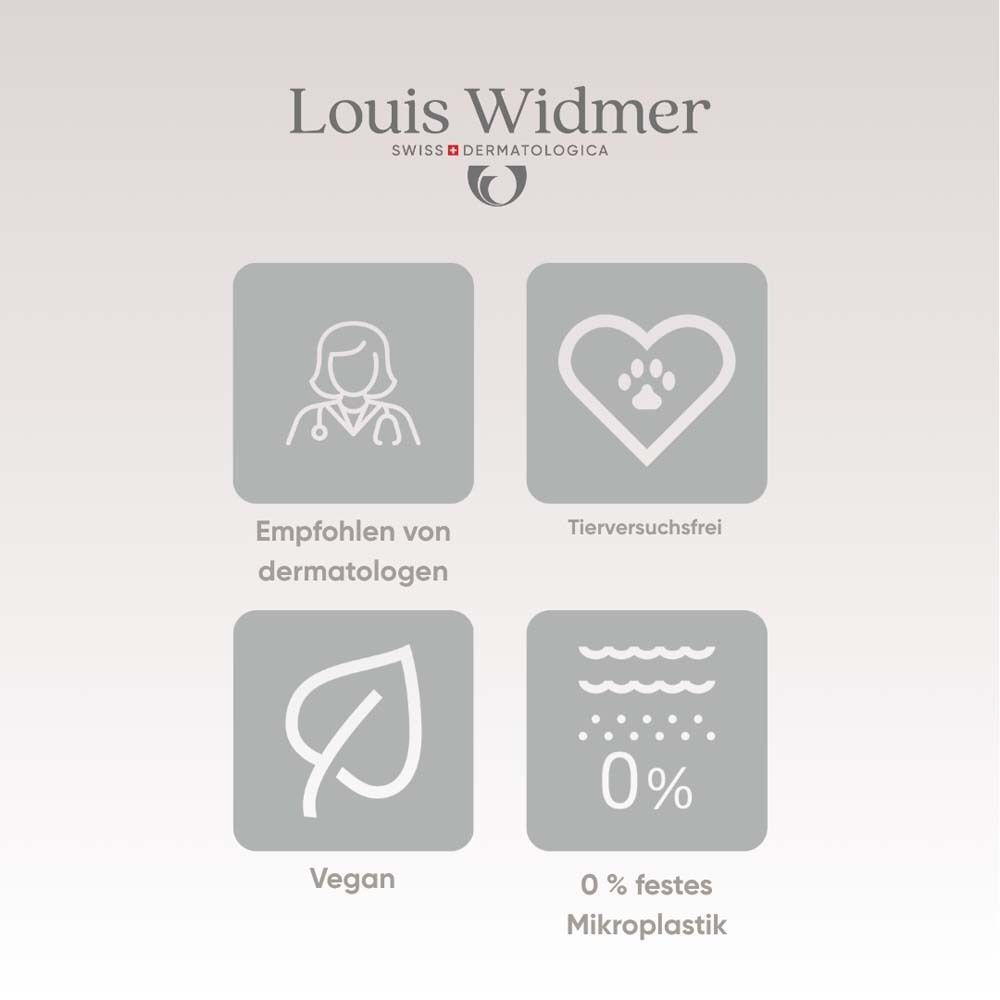 Icons: Dermatologen empfohlen, tierversuchsfrei, vegan, 0% Mikroplastik. Louis Widmer Logo.
