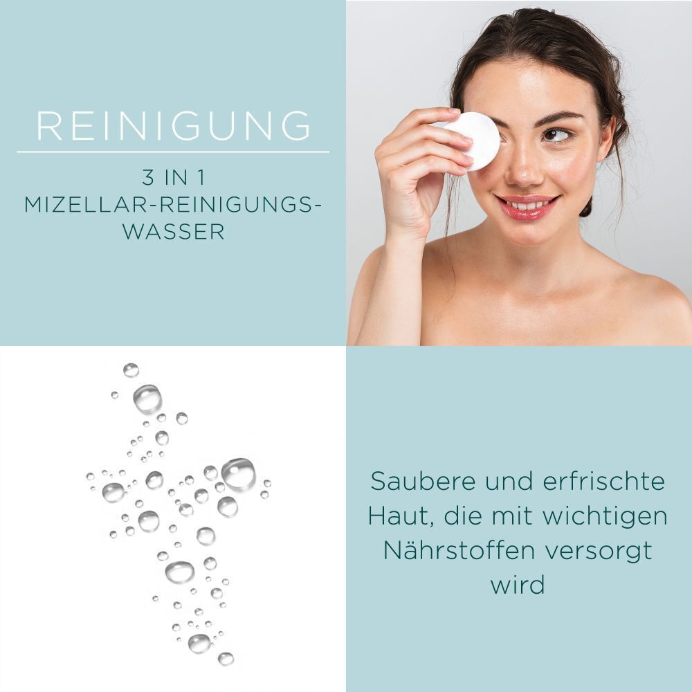 Frau mit Wattepad. Text: Reinigung, 3 in 1 Mizellar-Reinigungs-Wasser. Wassertropfen. Text: Saubere und erfrischte Haut.