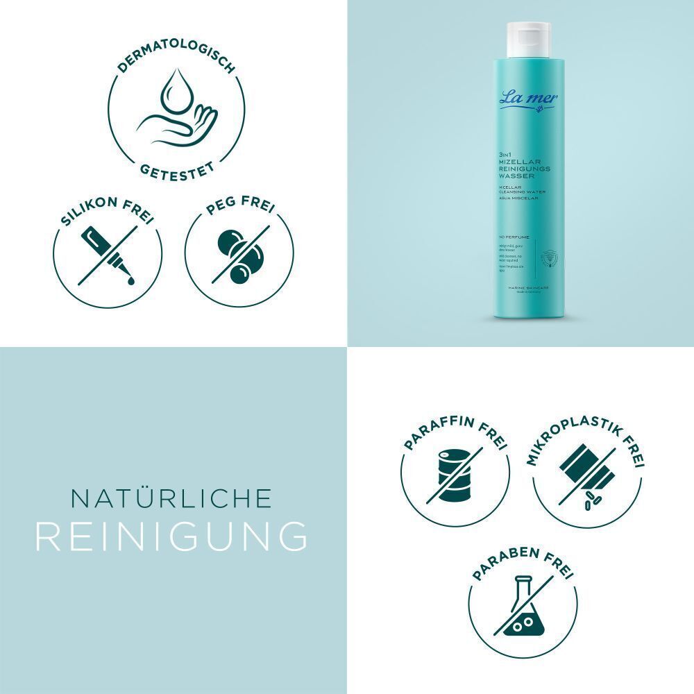 Flasche mit türkisfarbener Flüssigkeit. Text: La mer, 3in1 Mizellenreinigungs-Wasser. Logos: Dermatologisch getestet, Silikon frei, PEG frei.