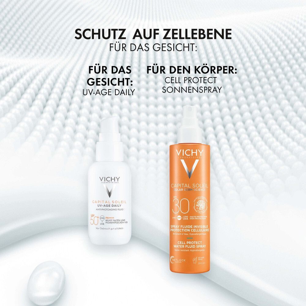 Zwei Flaschen: Vichy UV-Age Daily und Cell Protect Sonnenspray. Text: SCHUTZ AUF ZELLEBENE FÜR DAS GESICHT.
