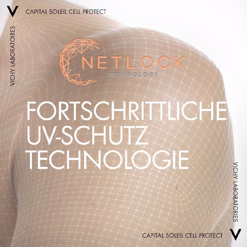 Schulter einer Person mit Text: FORTSCHRITTLICHE UV-SCHUTZ TECHNOLOGIE. Logo: NETLOCK TECHNOLOGY.