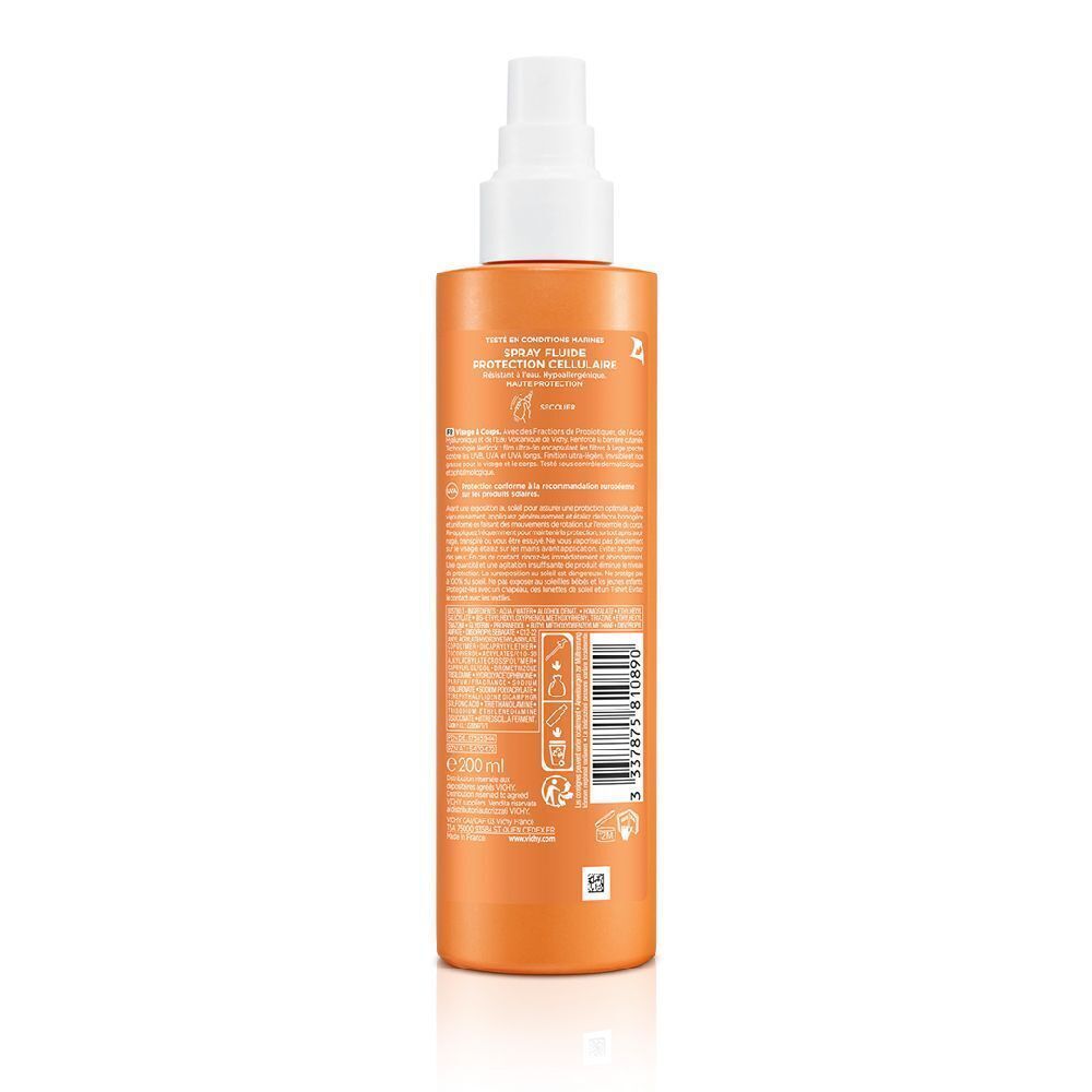 Rückseite einer orangefarbenen Sprühflasche. Text und Informationen sind sichtbar.