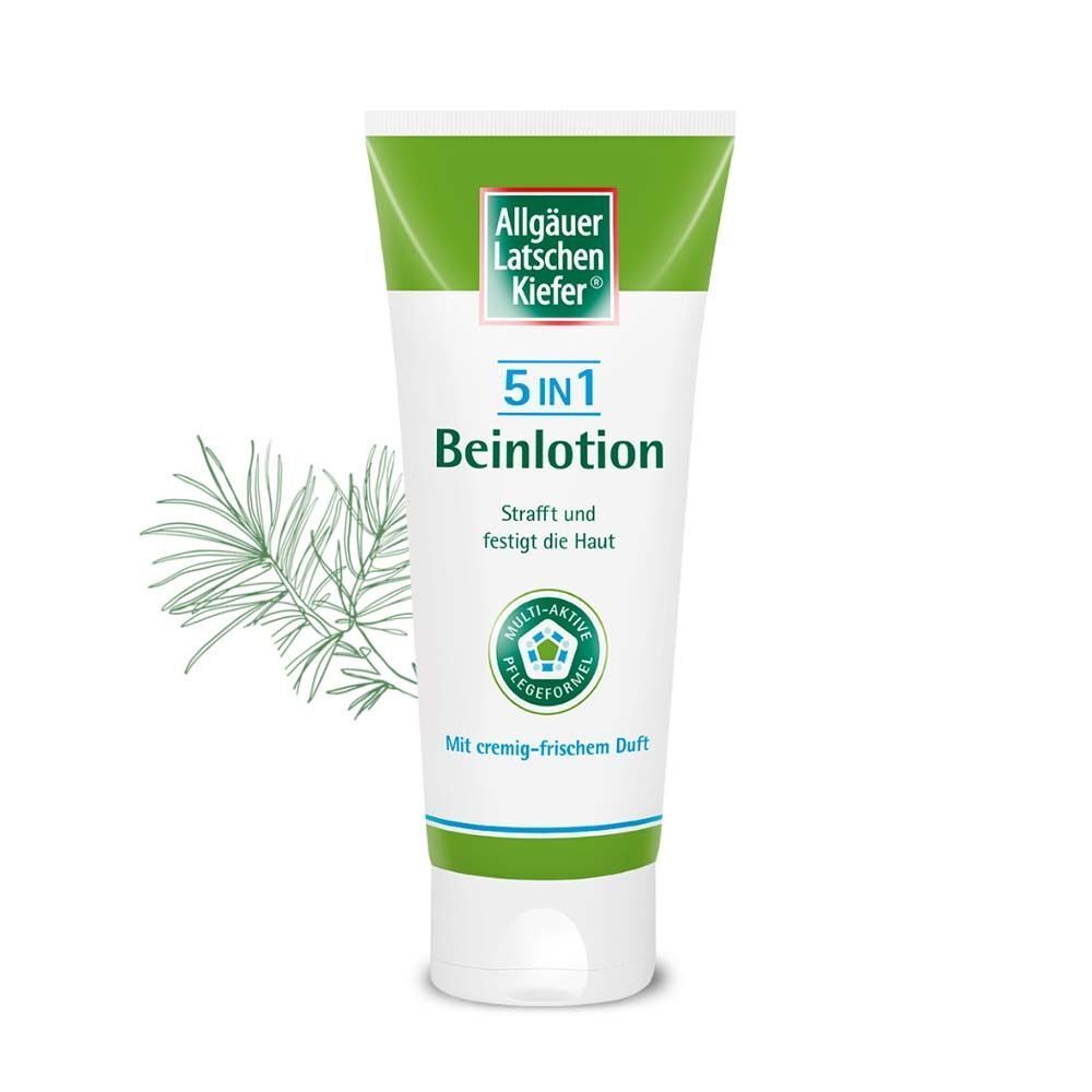 Tube Beinlotion mit grün-weißem Design. Aufschrift: Allgäuer Latschenkiefer, 5 in 1 Beinlotion. Mit cremiger Duftnote. Zweig im Hintergrund.