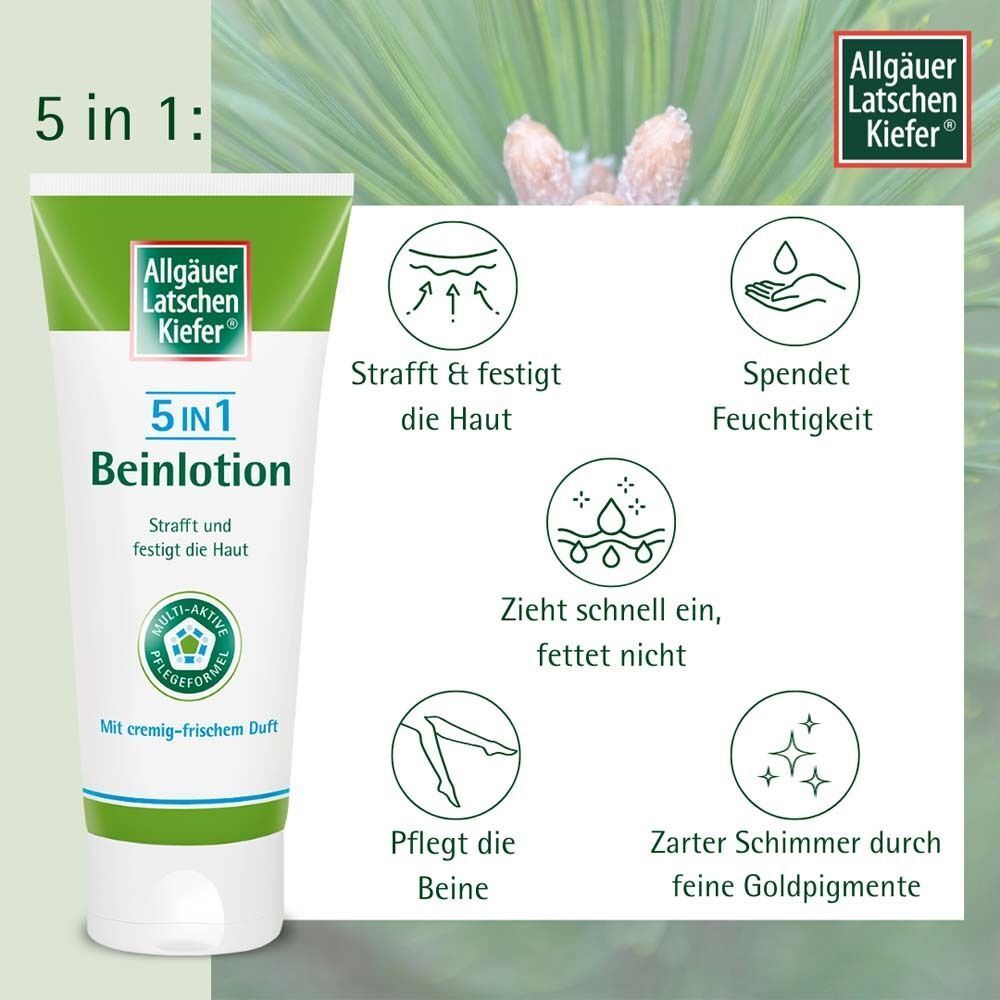 Beinlotion-Tube mit Icons, die Vorteile zeigen. Aufschrift: Allgäuer Latschenkiefer, 5 in 1 Beinlotion. Icons: Strafft, spendet Feuchtigkeit, etc.