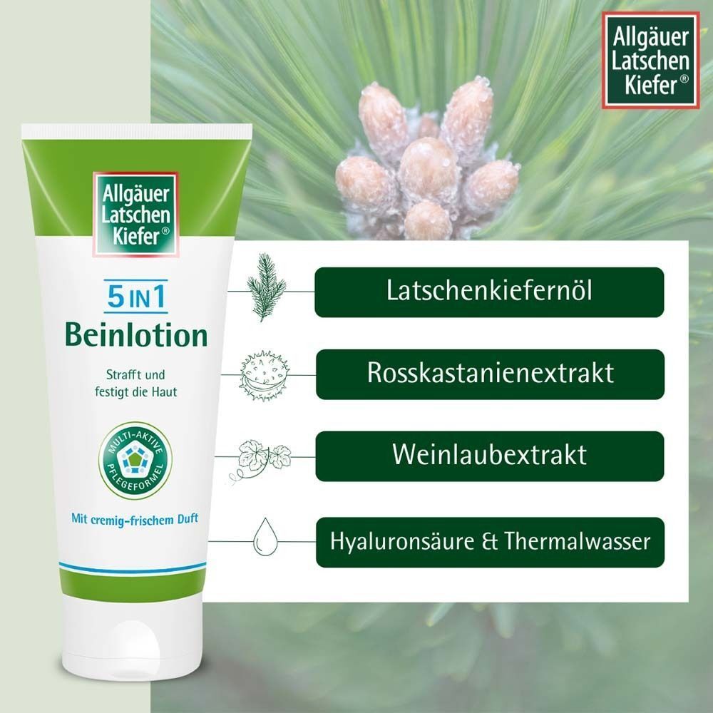 Beinlotion-Tube mit Inhaltsstoff-Icons. Aufschrift: Allgäuer Latschenkiefer, 5 in 1 Beinlotion. Icons: Latschenkiefernöl, Rosskastanienextrakt, etc.