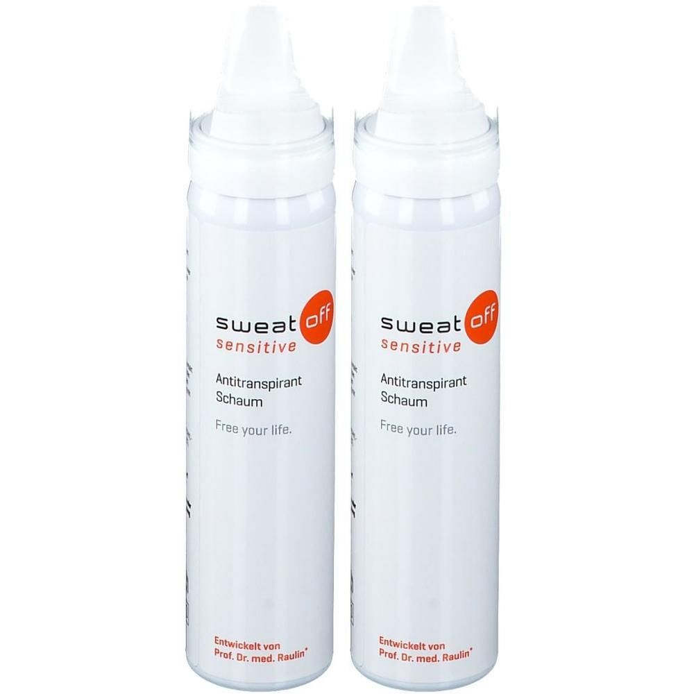 Zwei weiße Flaschen mit Sprühkopf. Auf jeder Flasche steht "sweat off sensitive Antitranspirant Schaum".