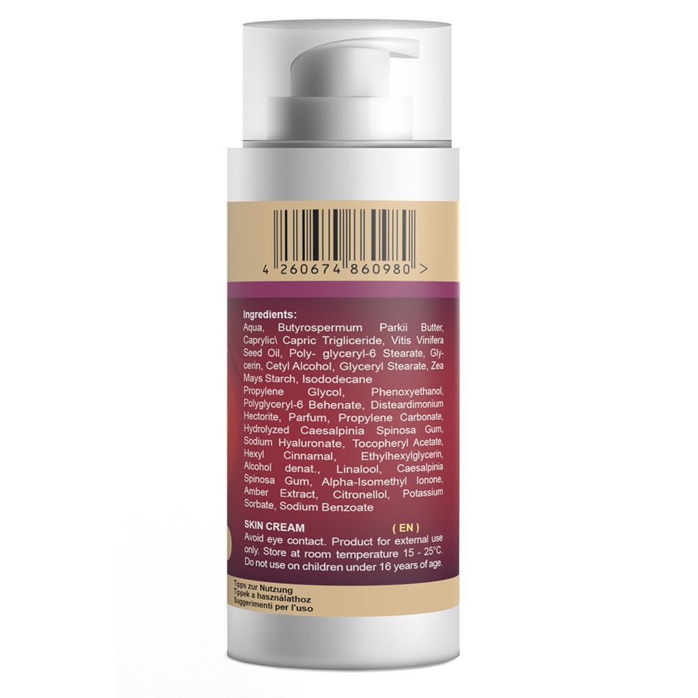 Rückseite einer Flasche Hondrostrong Forte. Barcode und Zutatenliste. Aufschrift: Skin Cream (EN).