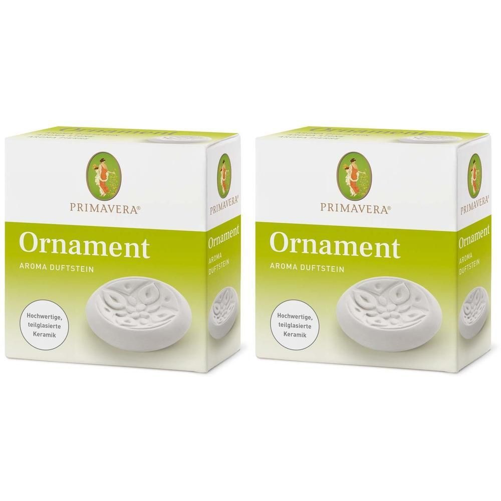Zwei weiße Keramik-Duftstein-Ornamente in Kartonverpackung. Aufschrift: Primavera Ornament Aroma Duftstein.
