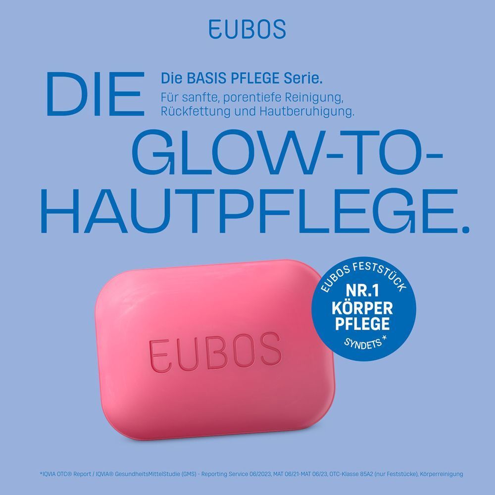 Rosa Seifenstück mit "EUBOS" Aufdruck. Text: "DIE GLOW-TO-HAUTPFLEGE". Aufkleber: "Nr.1 KÖRPER PFLEGE Syndets".