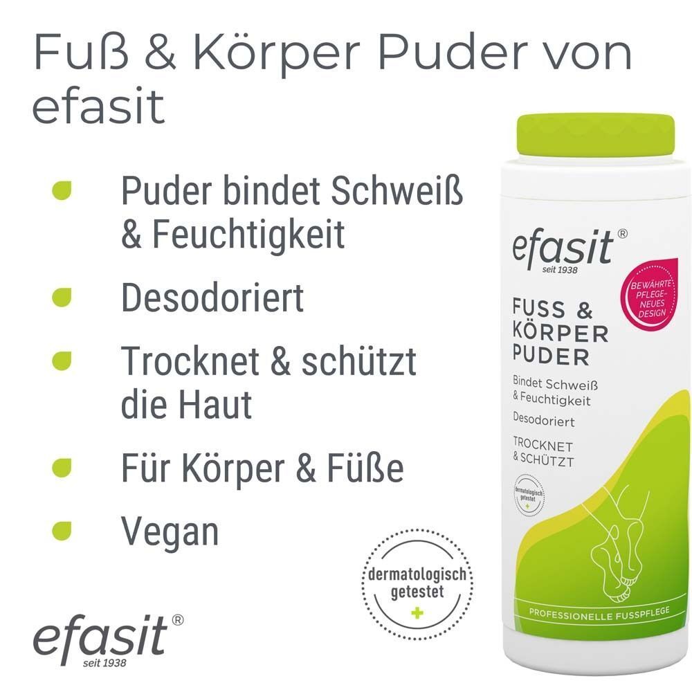 Efasit® Fuß & Körper Puder. Produktabbildung mit Text: bindet Schweiß & Feuchtigkeit, desodoriert, trocknet & schützt die Haut, für Körper & Füße, vegan.