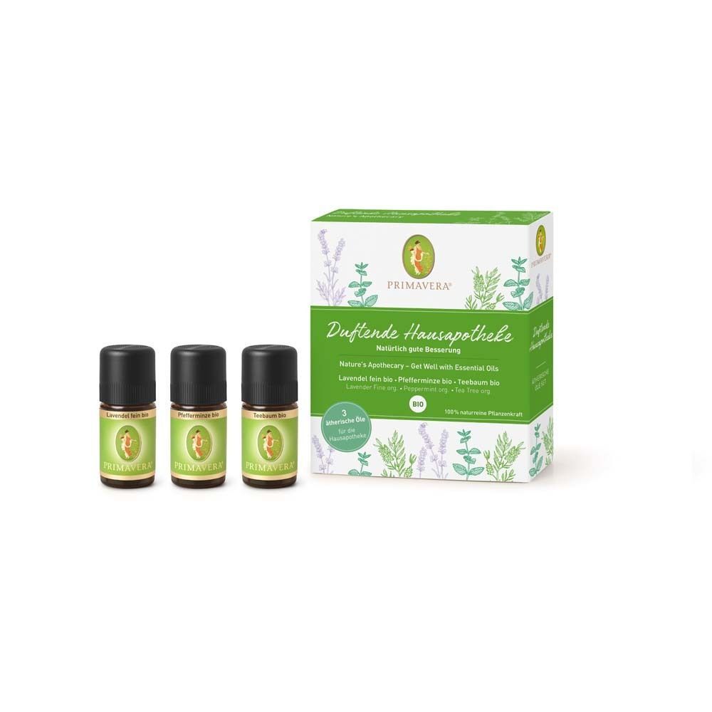 Produkt-Set mit drei kleinen Flaschen und einer Verpackung. Aufschrift: Duftende Hausapotheke, Primavera, 100% natürliche Pflanzenöle.