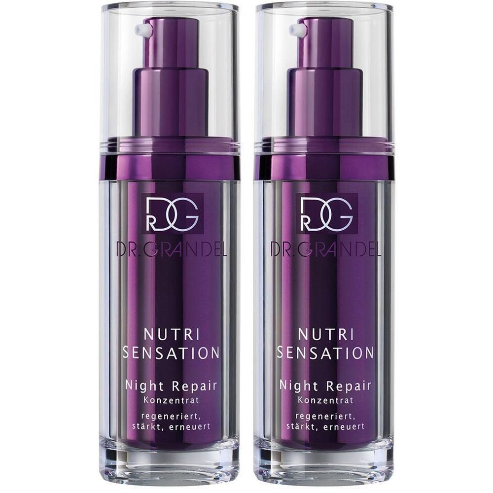 Zwei Flakons Dr. Grandel NUTRI SENSATION Night Repair. Violette Flakons mit Pumpaufsatz und transparentem Deckel. Schriftzug und Logo.