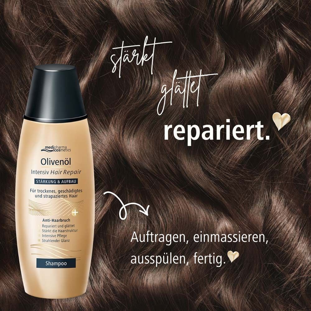 Flasche Olivenöl Intensiv Hair Repair Shampoo vor braunem Haar. Text: stärkt, glättet, repariert. Anwendung: Auftragen, einmassieren, ausspülen, fertig.