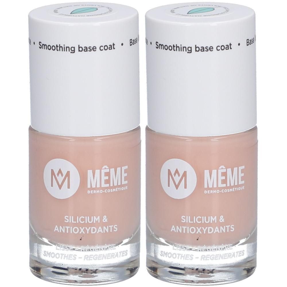 Zwei Flaschen MEME® Silicium & Antioxidantien glättende Nagelbase. Helle Nude-Farbe.