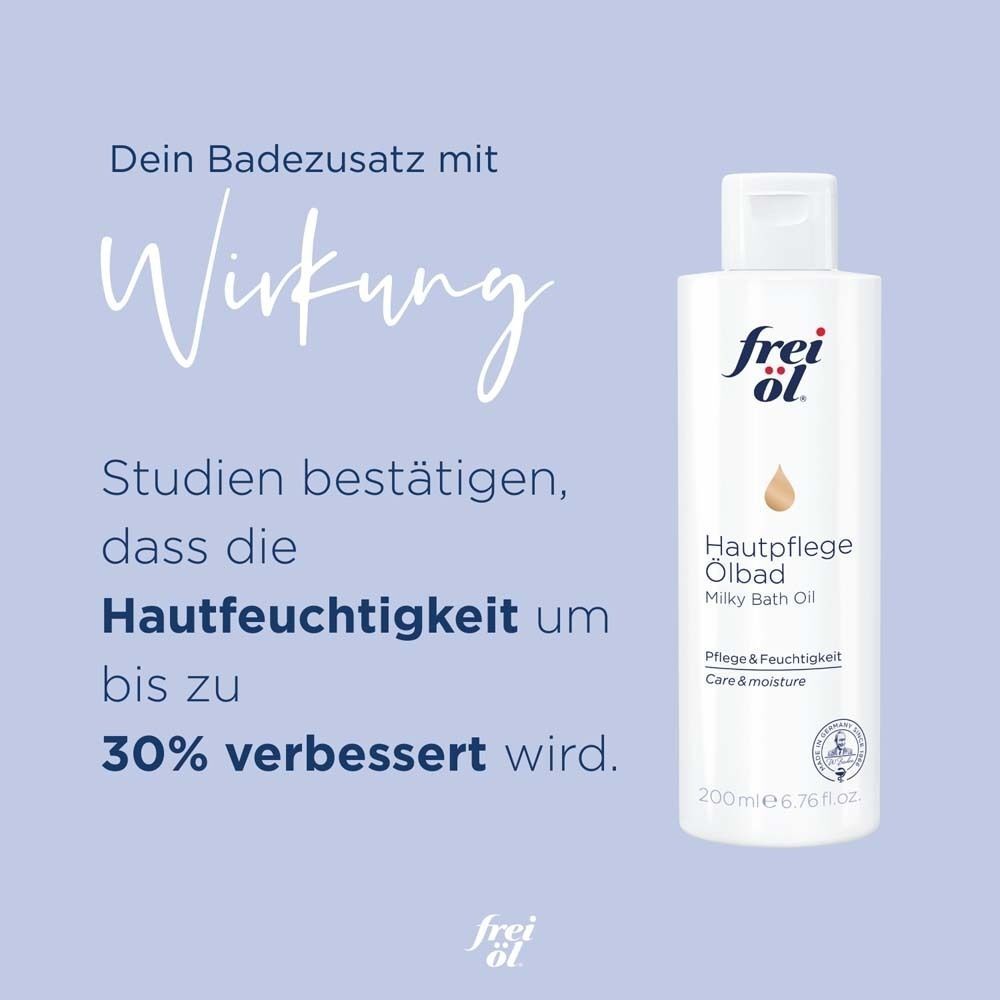 Eine Flasche frei öl® HautpflegeÖlbad. Text: Studien bestätigen, dass die Hautfeuchtigkeit um bis zu 30% verbessert wird.