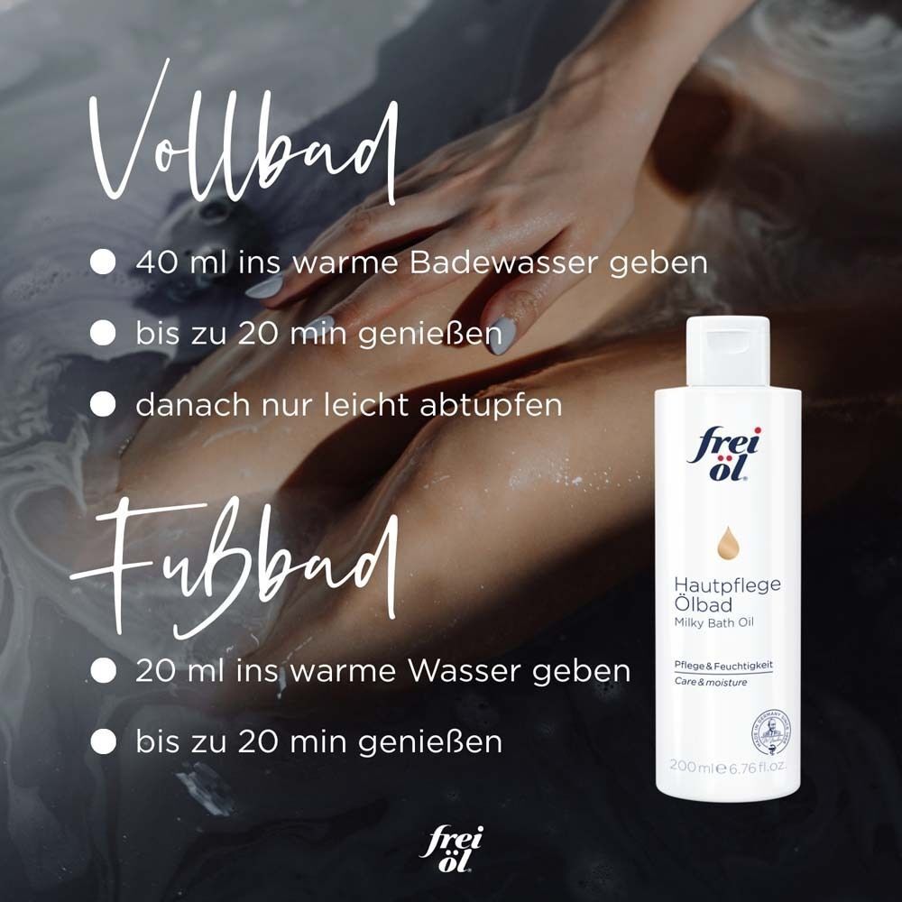 Eine Flasche frei öl® HautpflegeÖlbad. Anweisungen für Voll- und Fußbad. Frau im Bad.