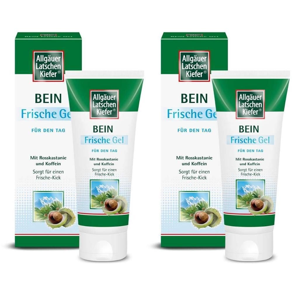 Zwei Tuben und zwei Kartons ALLGÄUER LATSCHENKIEFER Bein Frische Gel. Weiße Tuben mit grüner Schrift und Verpackung.