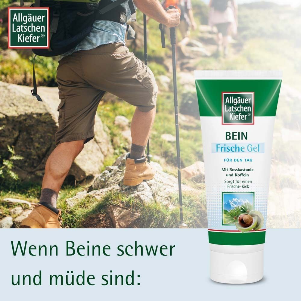 Personen beim Wandern. Rechts eine Tube ALLGÄUER LATSCHENKIEFER Bein Frische Gel. Text: Wenn Beine schwer und müde sind: