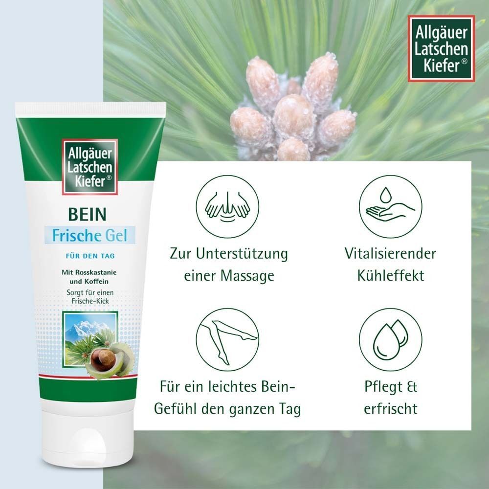 Eine Tube ALLGÄUER LATSCHENKIEFER Bein Frische Gel mit Icons. Icons: Massage, kühlender Effekt, leichtes Bein-Gefühl, Pflege.