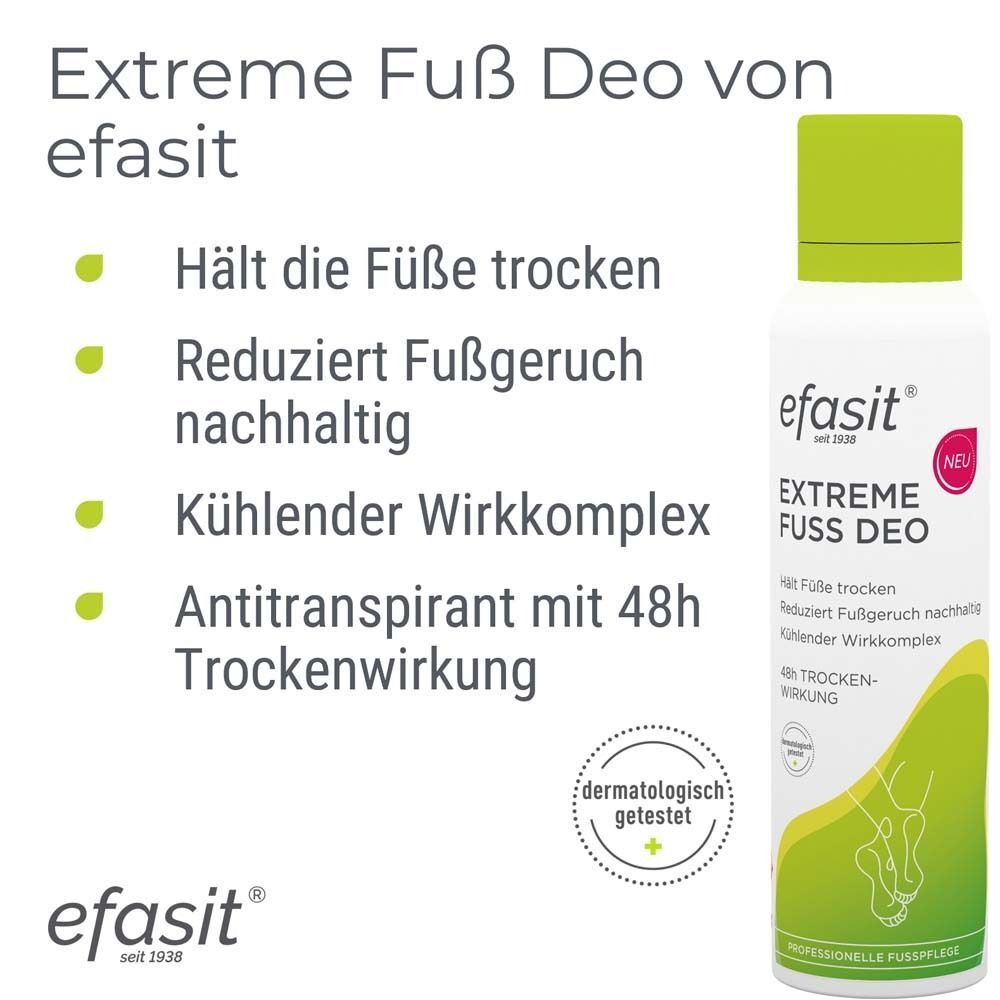Weiße Sprühflasche mit grünem Deckel. Aufschrift: "efasit® EXTREME FUSS DEO". Logo und Text.