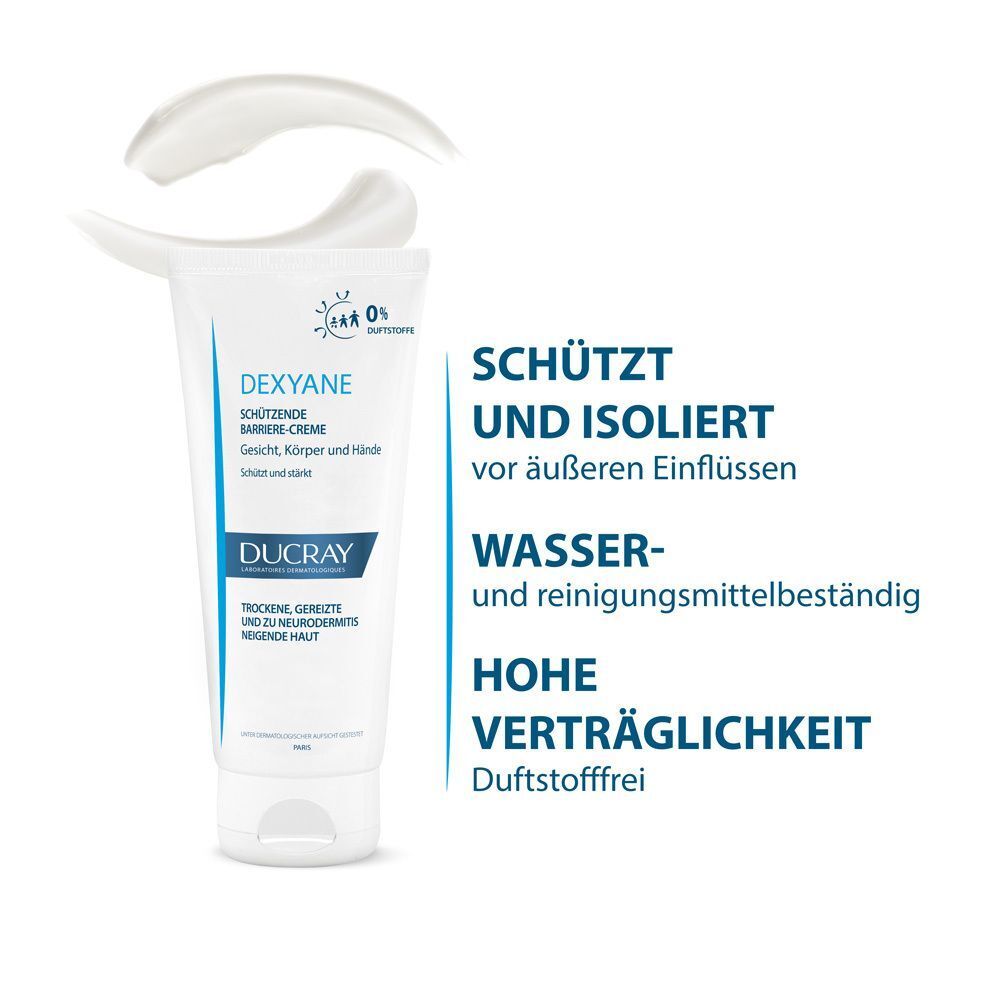 Tube DUCRAY DEXYANE Barriere-Creme mit Text. Text: Schützt und isoliert, wasser- und reinigungsmittelbeständig, hohe Verträglichkeit.
