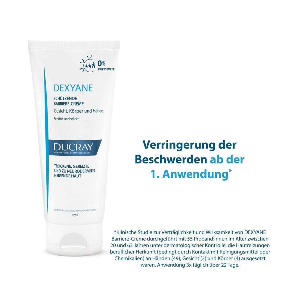 Tube DUCRAY DEXYANE Barriere-Creme mit Text. Text: Verringerung der Beschwerden ab der 1. Anwendung.