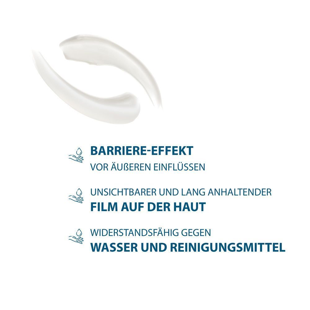 Text mit Icons. Text: Barriere-Effekt, unsichtbarer und lang anhaltender Film auf der Haut, widerstandsfähig gegen Wasser und Reinigungsmittel.