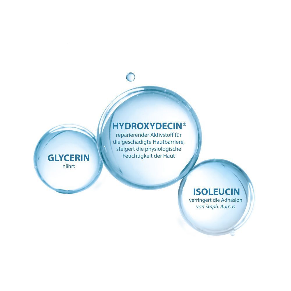 Drei Kreise mit Text. Text: Glycerin, Hydroxydecin, Isoleucin. Hydroxydecin: reparierender Aktivstoff.