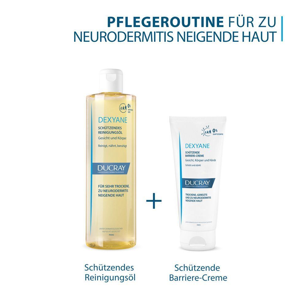 Zwei Produkte. Links: DUCRAY DEXYANE Schützendes Reinigungsöl. Rechts: DUCRAY DEXYANE Schützende Barriere-Creme.