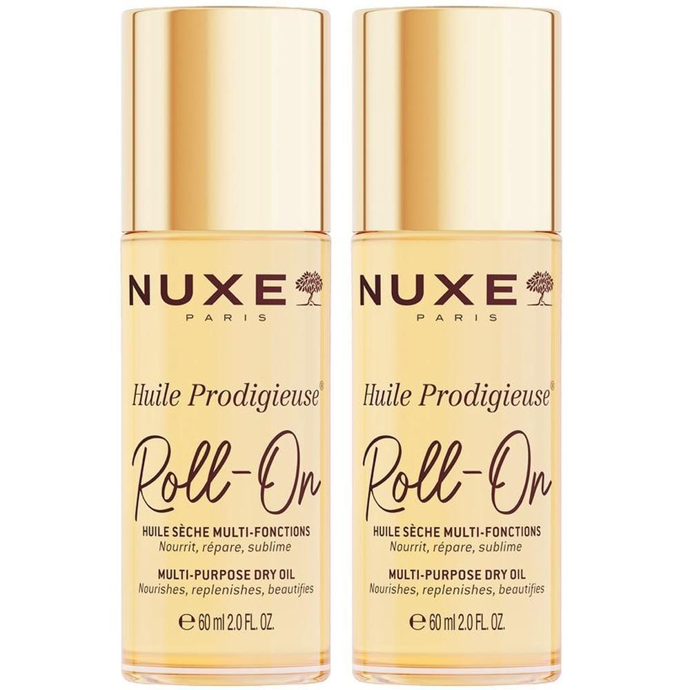 Zwei Flaschen NUXE Huile Prodigieuse Roll-on. Goldfarbene Kappen, gelbes Öl. Aufschrift: Multi-Purpose Dry Oil.