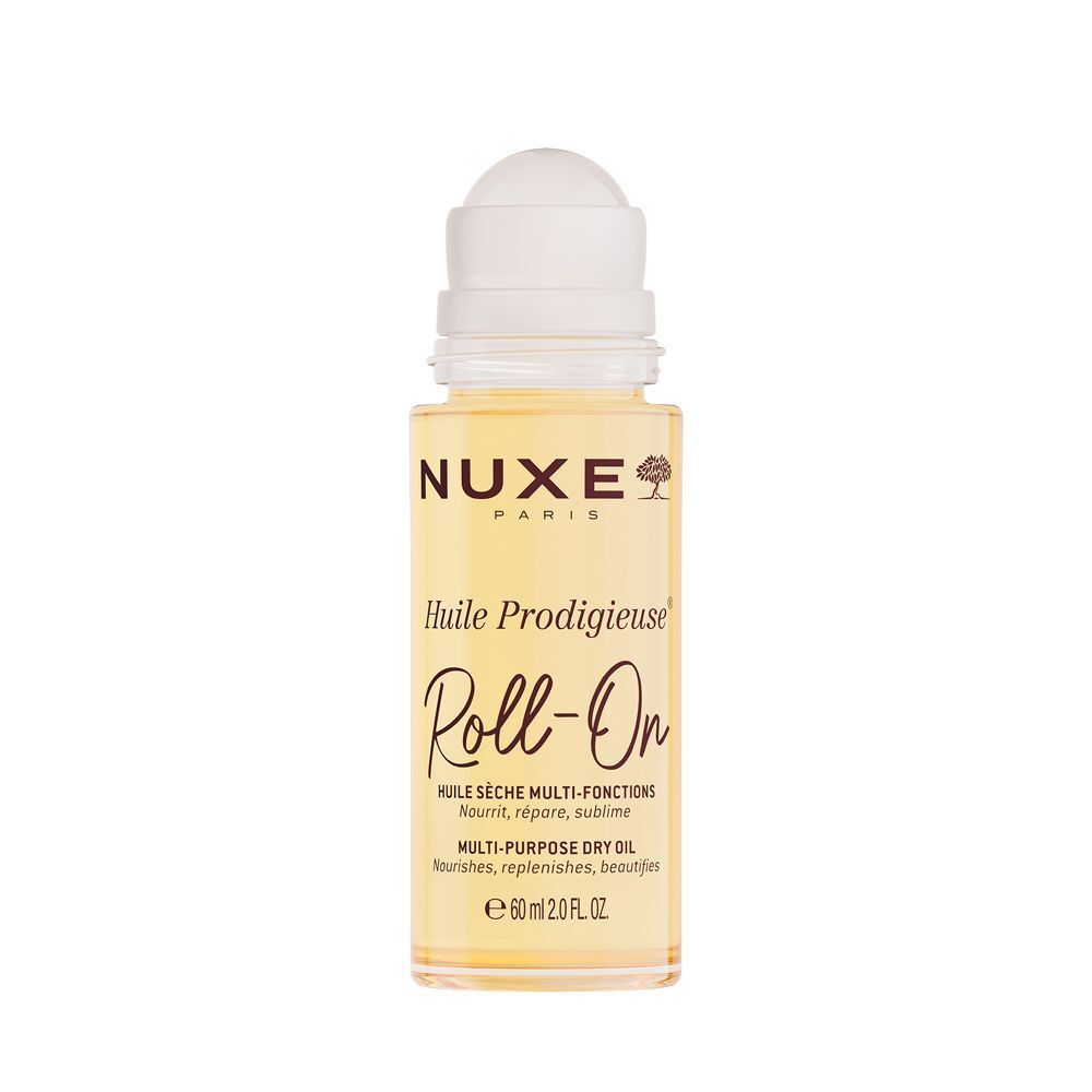 NUXE Huile Prodigieuse Roll-on Flasche. Weißer Roll-on-Aufsatz, gelbes Öl. Aufschrift: Multi-Purpose Dry Oil.