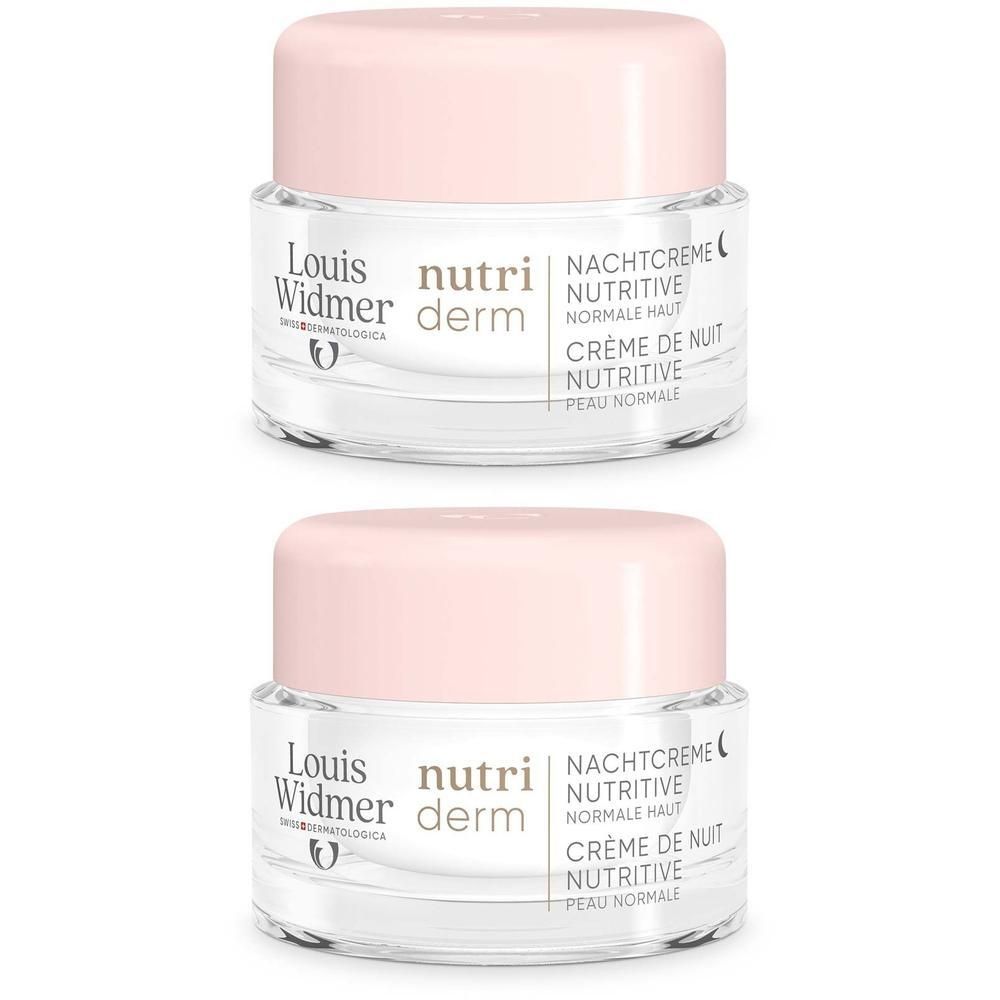 Zwei Tiegel Nachtcreme Nutritive. Glasbehälter mit rosa Deckel. Beschriftung: Louis Widmer, nutriderm, Nachtcreme Nutritive, Crème de nuit.