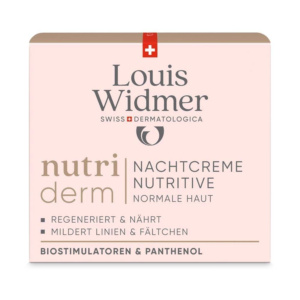 Verpackung der Nachtcreme Nutritive. Rechteckige Schachtel mit Produktnamen und Logo. Text: Louis Widmer, nutriderm, Nachtcreme Nutritive, Normale Haut.
