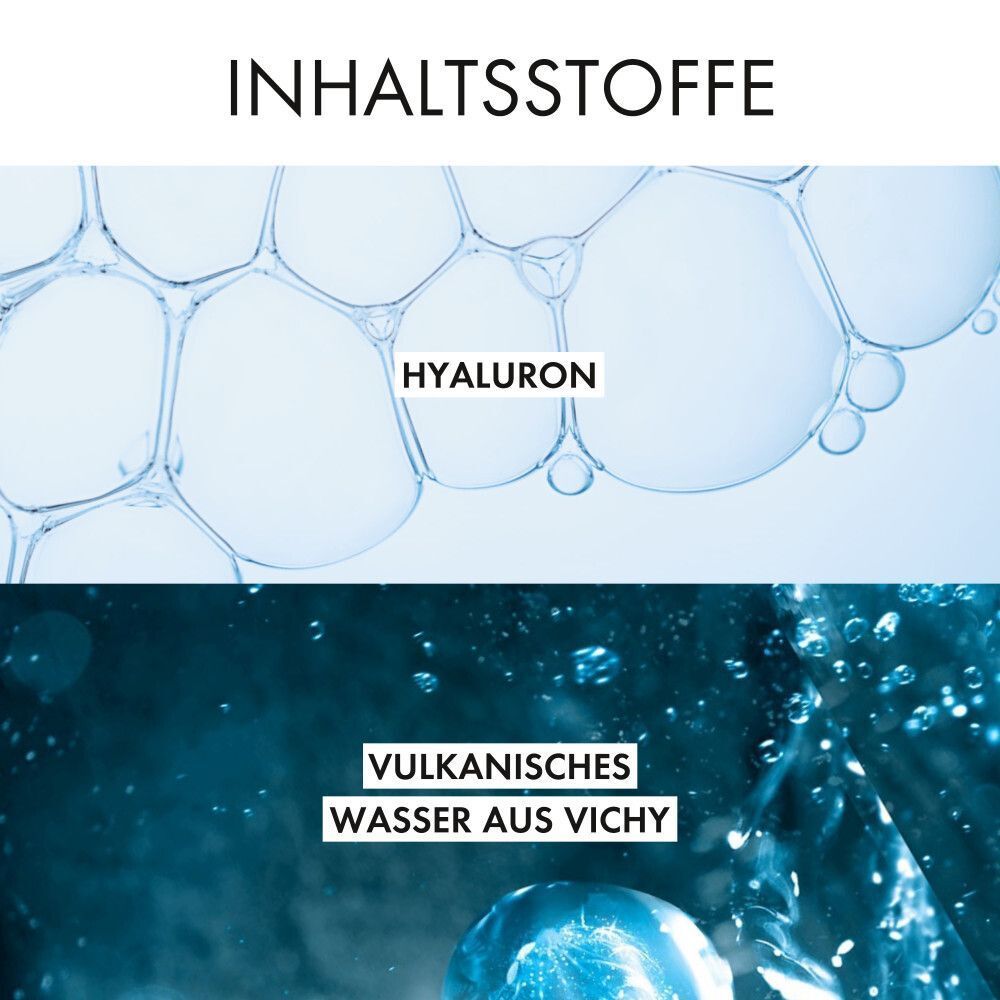 Abbildung von Inhaltsstoffen. Oben: Hyaluron. Unten: Vulkanisches Wasser aus Vichy.